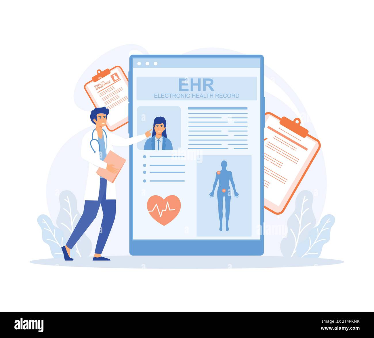 Cartella clinica elettronica, nuova tecnologia per sostituire i dati clinici cartacei, applicazione di storia del trattamento medico, vettore piatto illustrazione moderna Illustrazione Vettoriale