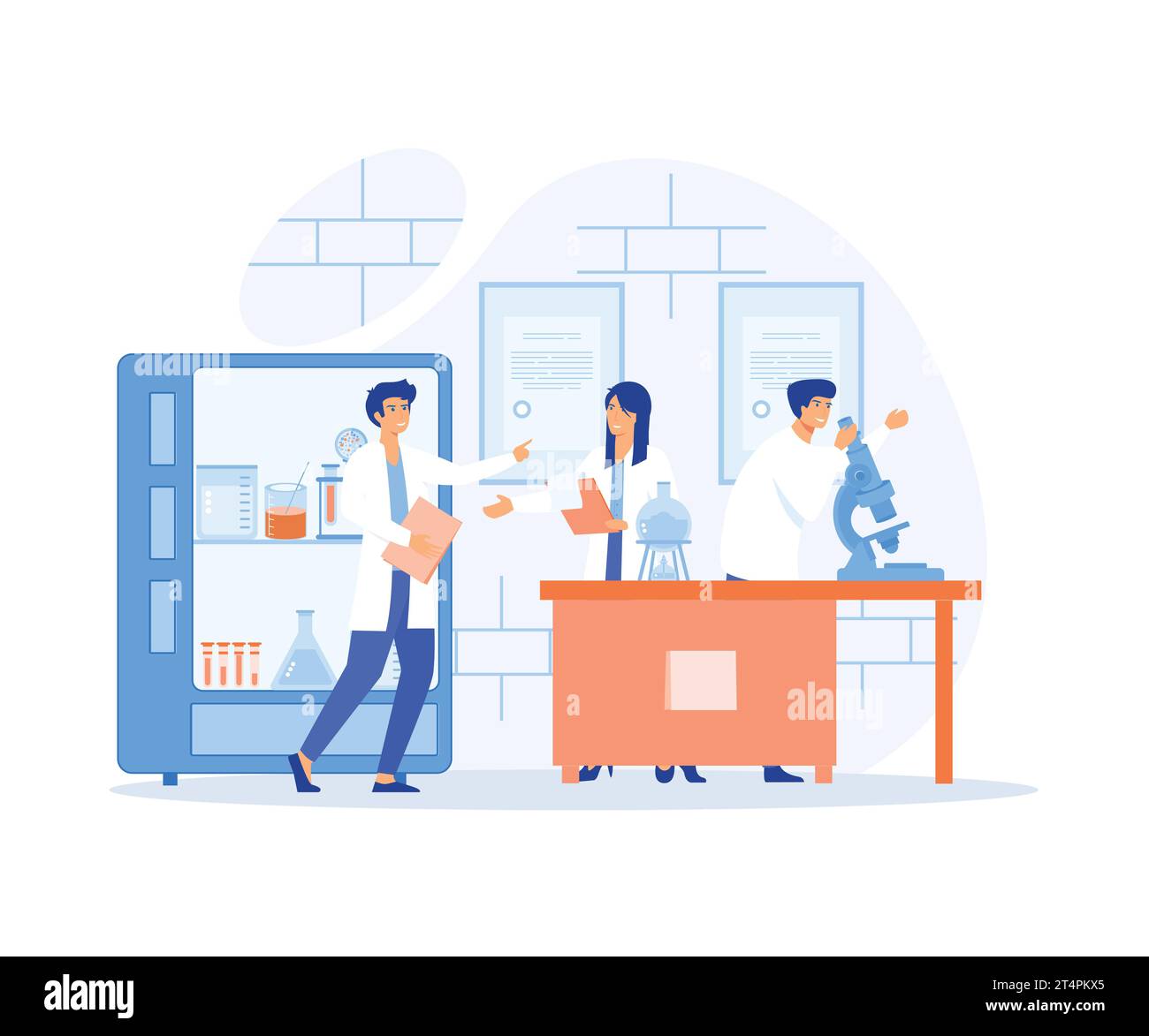 Ricerca scientifica. Laboratori clinici di chimica, ricerca farmaceutica in microbiologia, illustrazione moderna a vettore piatto Illustrazione Vettoriale