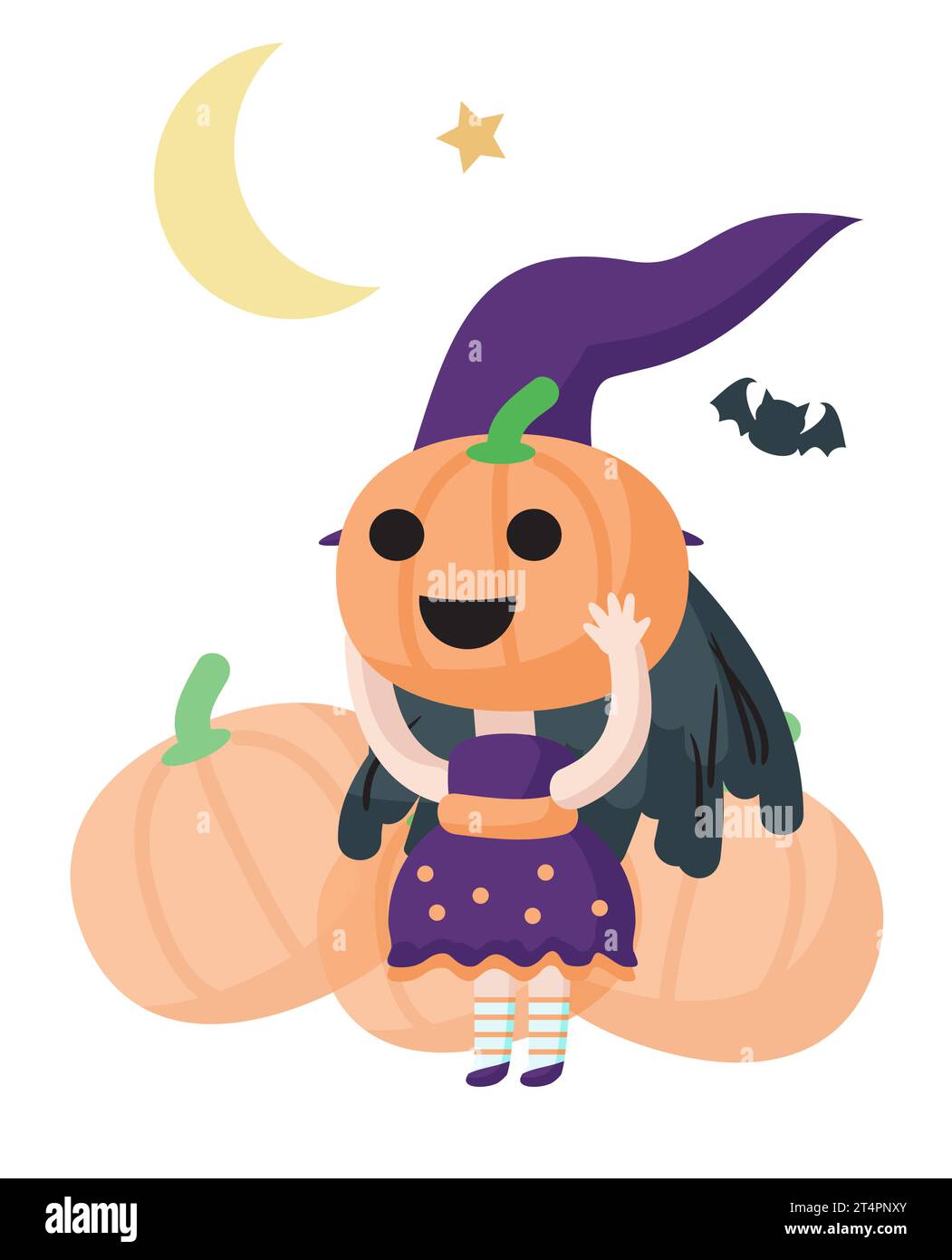 Simpatico personaggio di una strega cartoni animati che regge una zucca scolpita Illustrazione Vettoriale