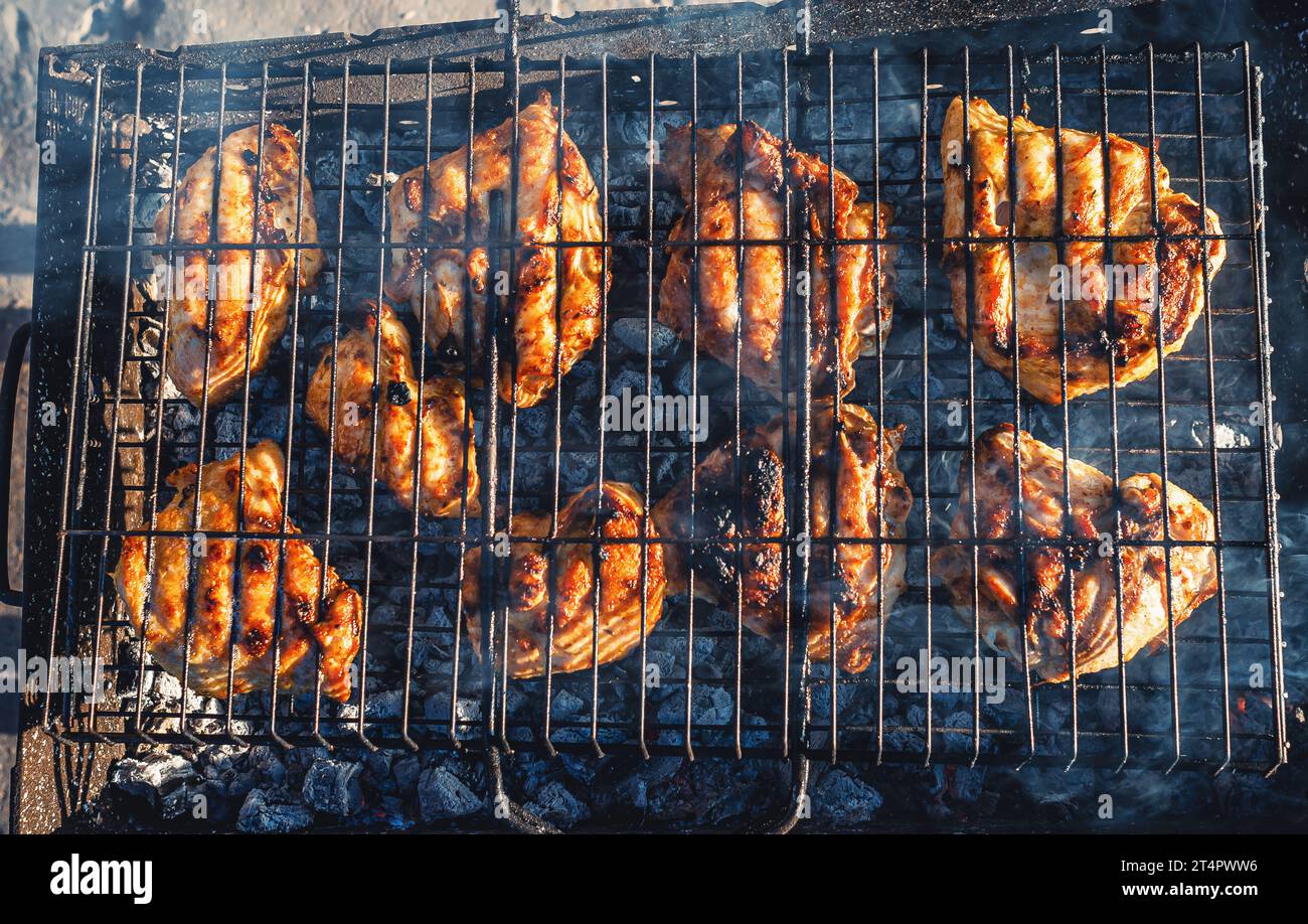 Appetitosi rossetti di pollo arrostiti a fiamma aperta, opera d'arte culinaria Foto Stock