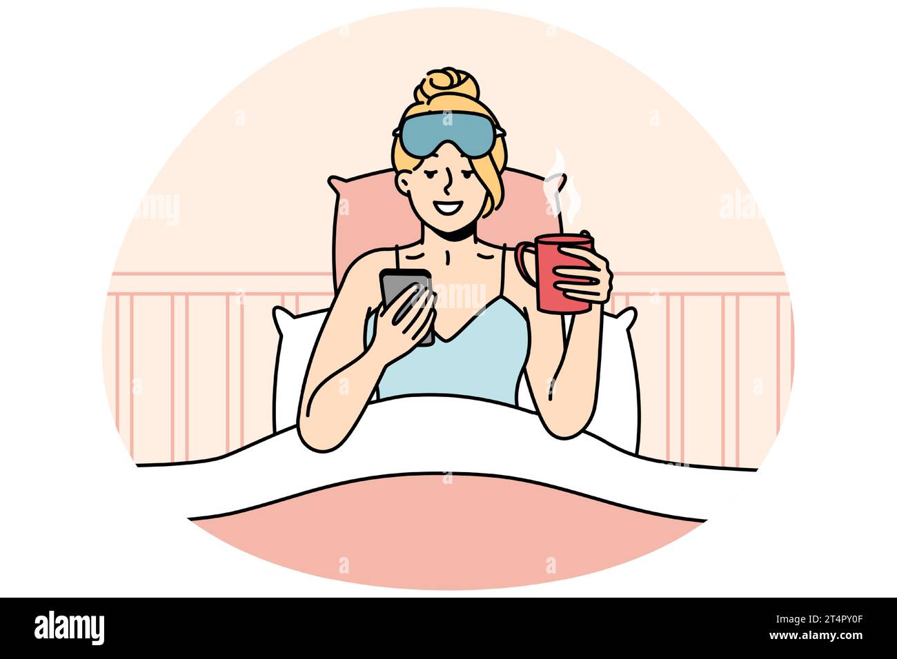 La ragazza che si è appena svegliata si siede a letto, guarda attraverso le notizie, i messaggi sullo smartphone, bevande caffè. Risvegliato chat donna in social network su cellulare, tiene una tazza di tè caldo. Illustrazione con isolamento vettoriale. Illustrazione Vettoriale