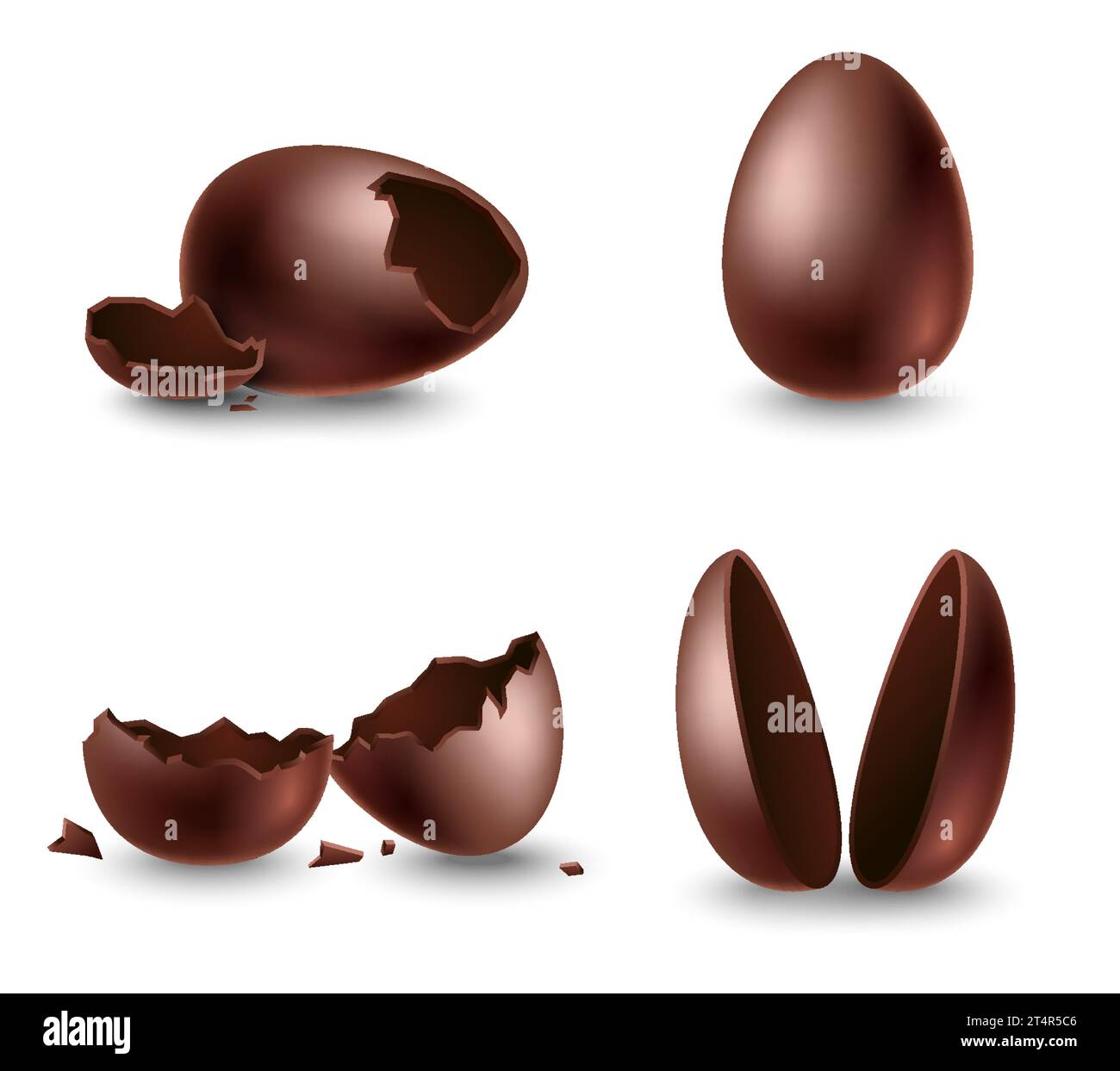 Guscio d'uovo rotto, due metà e uova di cioccolato intere Illustrazione Vettoriale