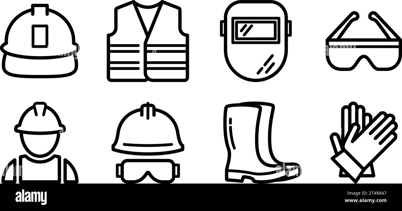 Set di icone lineari dei dispositivi di protezione da costruzione per la progettazione di nastri Illustrazione Vettoriale