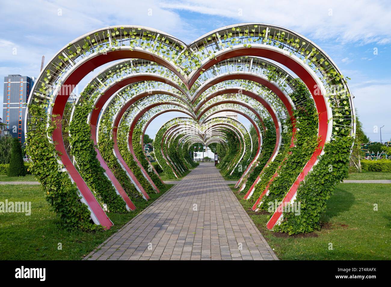 GROZNY, RUSSIA - 14 GIUGNO 2023: Arco a forma di cuore nel Parco dei Fiori in una mattina di giugno Foto Stock