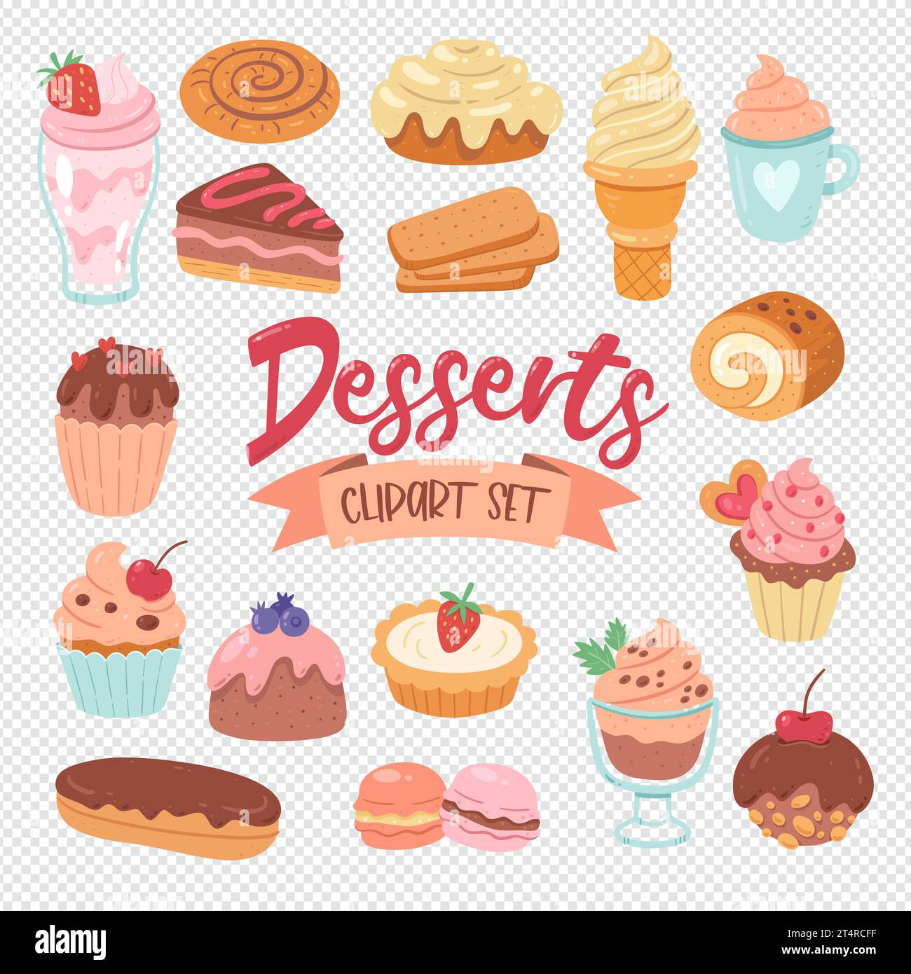Prodotti da dessert isolati su sfondo bianco. Cupcake, dolci, gelati e pasticcini. Illustrazione disegnata a mano. Clip art isolate Illustr. Vettoriale Illustrazione Vettoriale