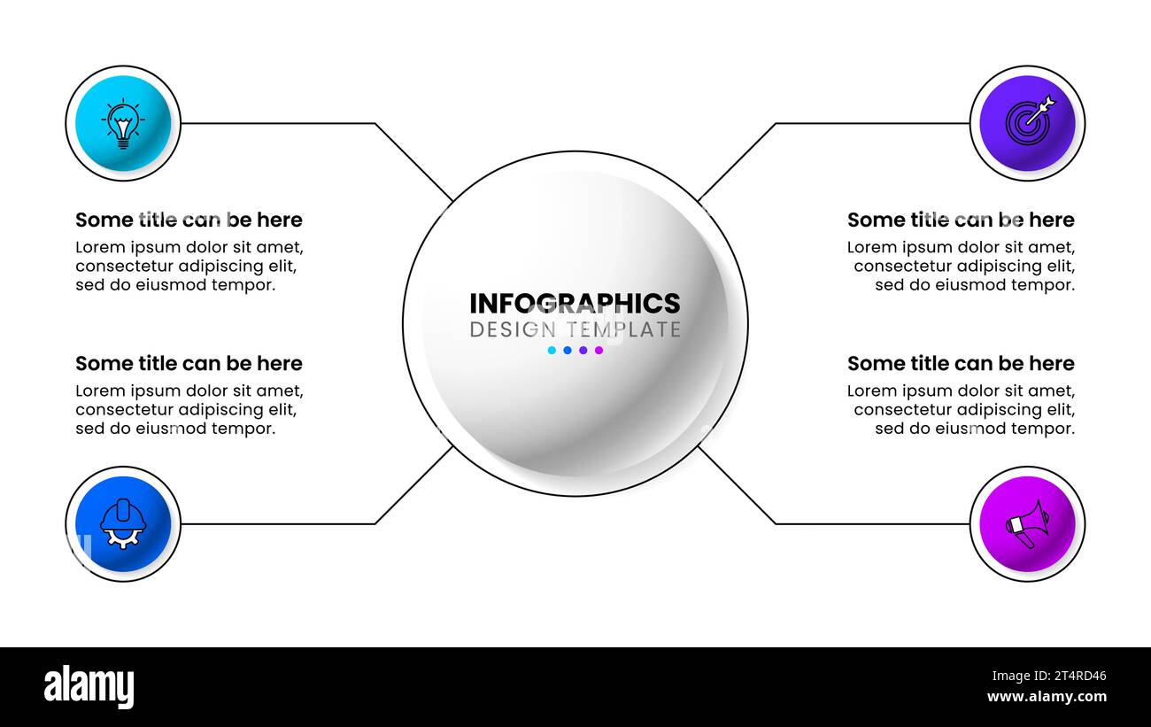 Modello infografico con icone e 4 opzioni o passaggi. Quattro cerchi. Può essere utilizzato per il layout del flusso di lavoro, il diagramma, il banner, il webdesign. Illustrazione vettoriale Illustrazione Vettoriale