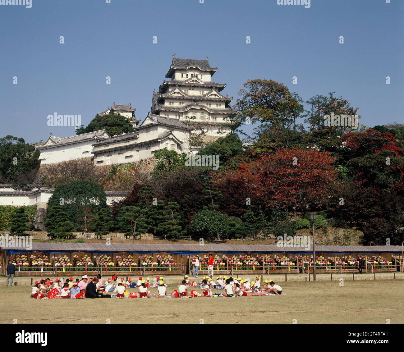 Giappone. Himeji. Himeji Castle. I bambini delle scuole con gli insegnanti fanno un picnic sull'erba. Foto Stock