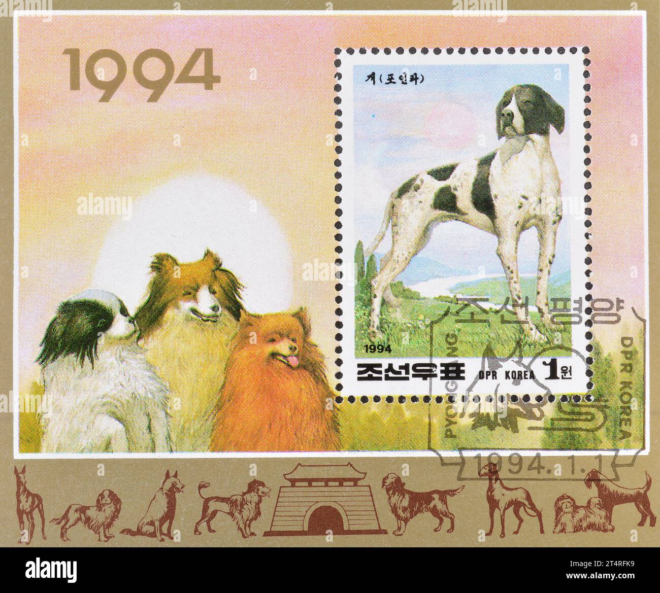 Foglio ricordo con francobollo annullato stampato dalla Corea del Nord, che mostra Pointer (Canis lupus familiaris), circa 1994. Foto Stock