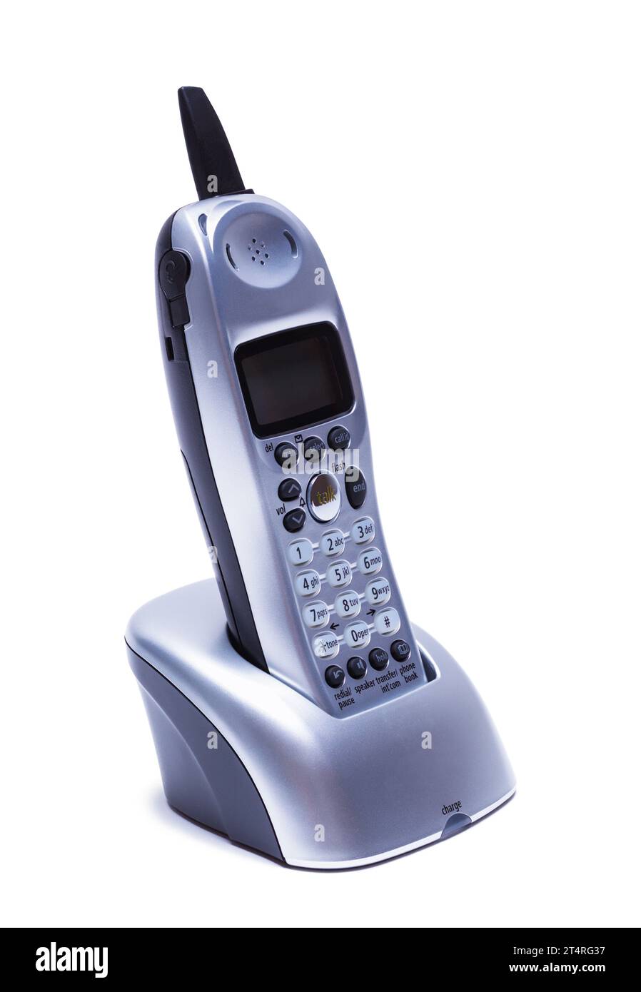Telefono wireless grigio disattivato su bianco. Foto Stock