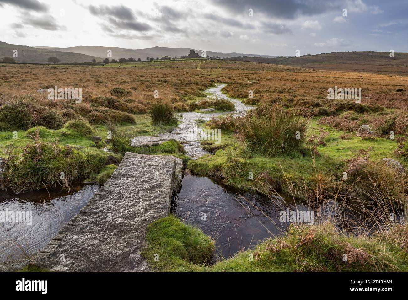 Piccolo torrente che scorre verso Vixen Tor a Dartmoor Devon Foto Stock