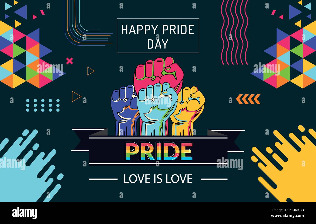 Testo Happy Pride e nastro arcobaleno design astratto dello sfondo. Colorata campagna per i diritti LGBT Rainbow. Lesbiche, gay, bisessuali, transgender, Illustrazione Vettoriale