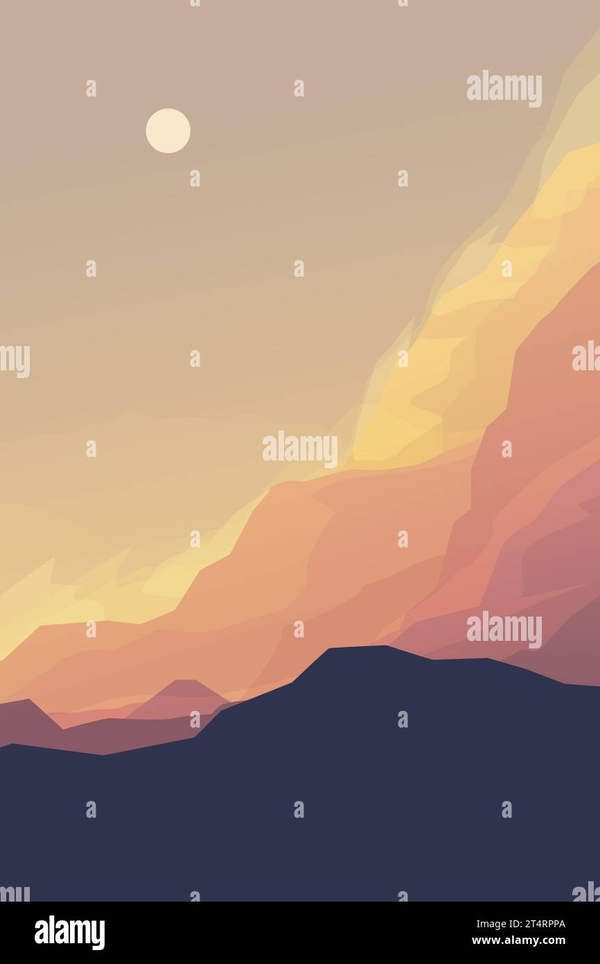 montagne al tramonto in un paesaggio di colore arancione Illustrazione Vettoriale