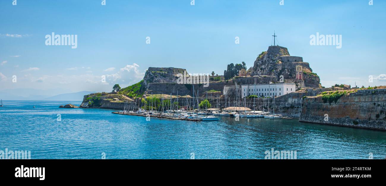 Vista panoramica dell'isola di Corfù con l'antica fortezza veneziana, Grecia. Foto Stock