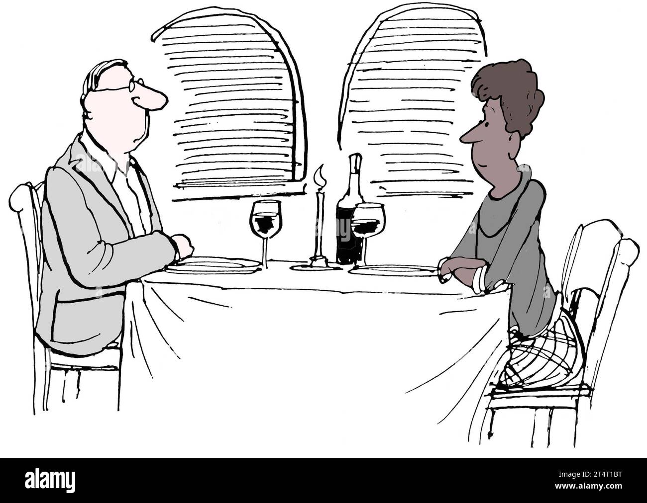 Una moglie nera e un marito bianco stanno cenando tranquillamente in un ristorante. Foto Stock