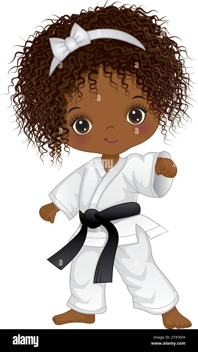 Cartoon Vector Afro Girl che pratica il Karate Illustrazione Vettoriale