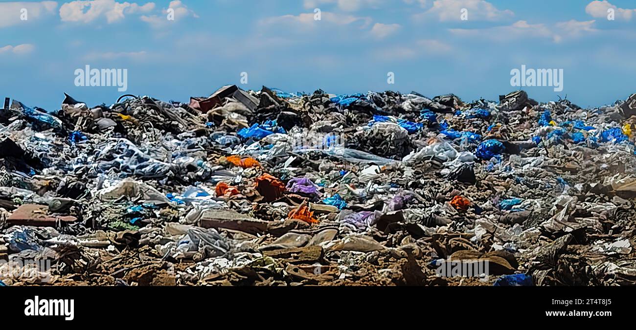 dettaglio di una montagna di rifiuti e rifiuti in una discarica per diventare verde e sensibilizzare al concetto di riciclaggio. Foto Stock
