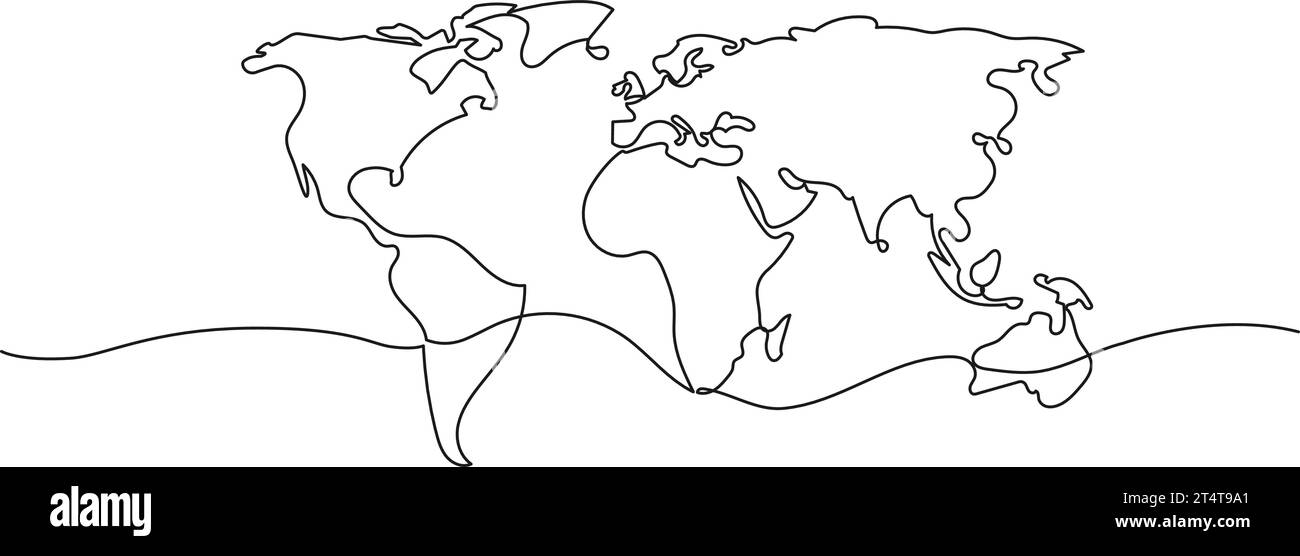 disegno continuo a linea singola di una mappa mondiale semplificata, illustrazione vettoriale con disegni lineari Illustrazione Vettoriale