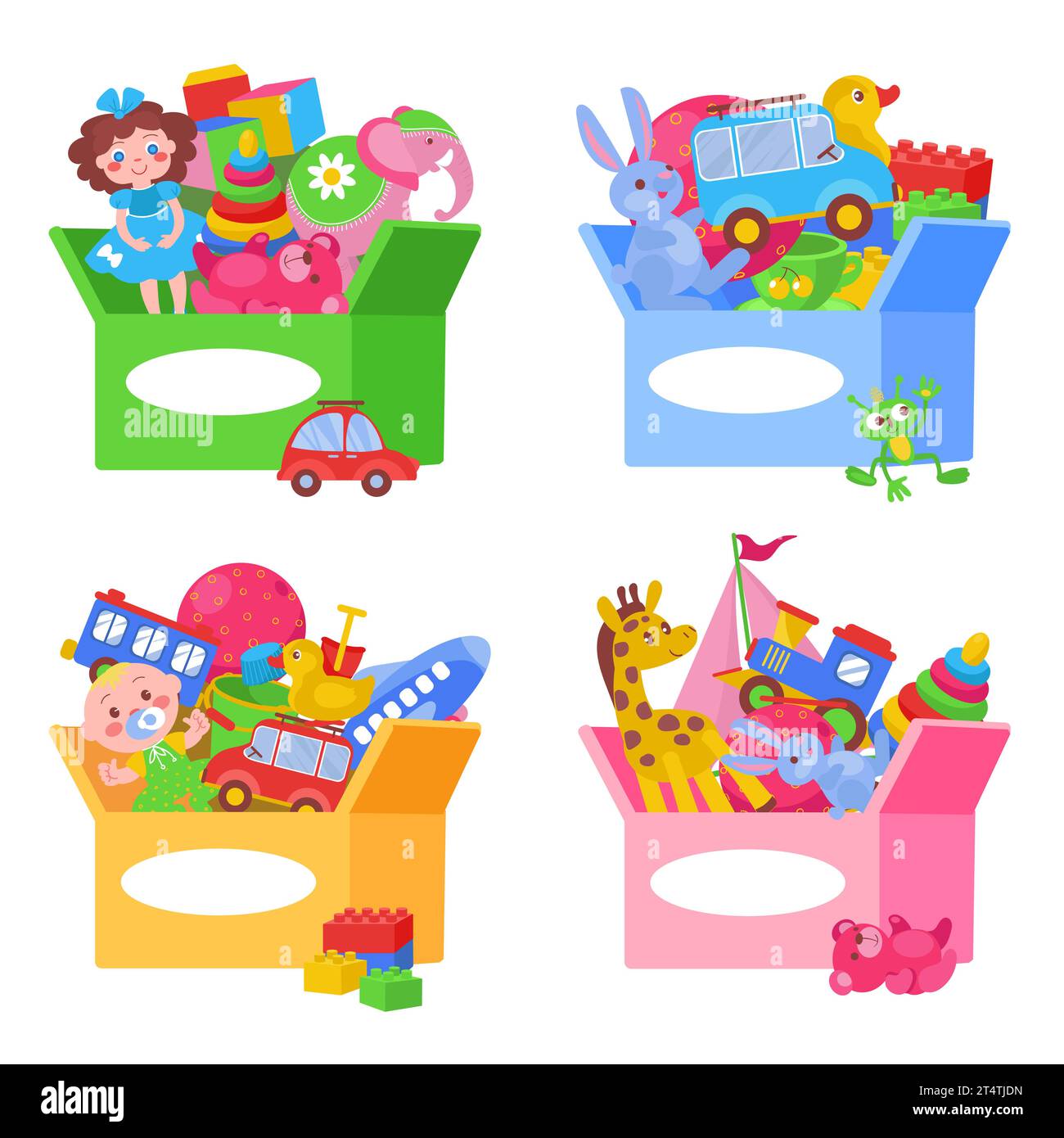 Scatola dei giocattoli per bambini. Aiuti umanitari infantili in container. Donazioni di beneficenza per i bambini piccoli. Bambole e auto colorate. Animali di peluche. Giocare a palle e. Illustrazione Vettoriale