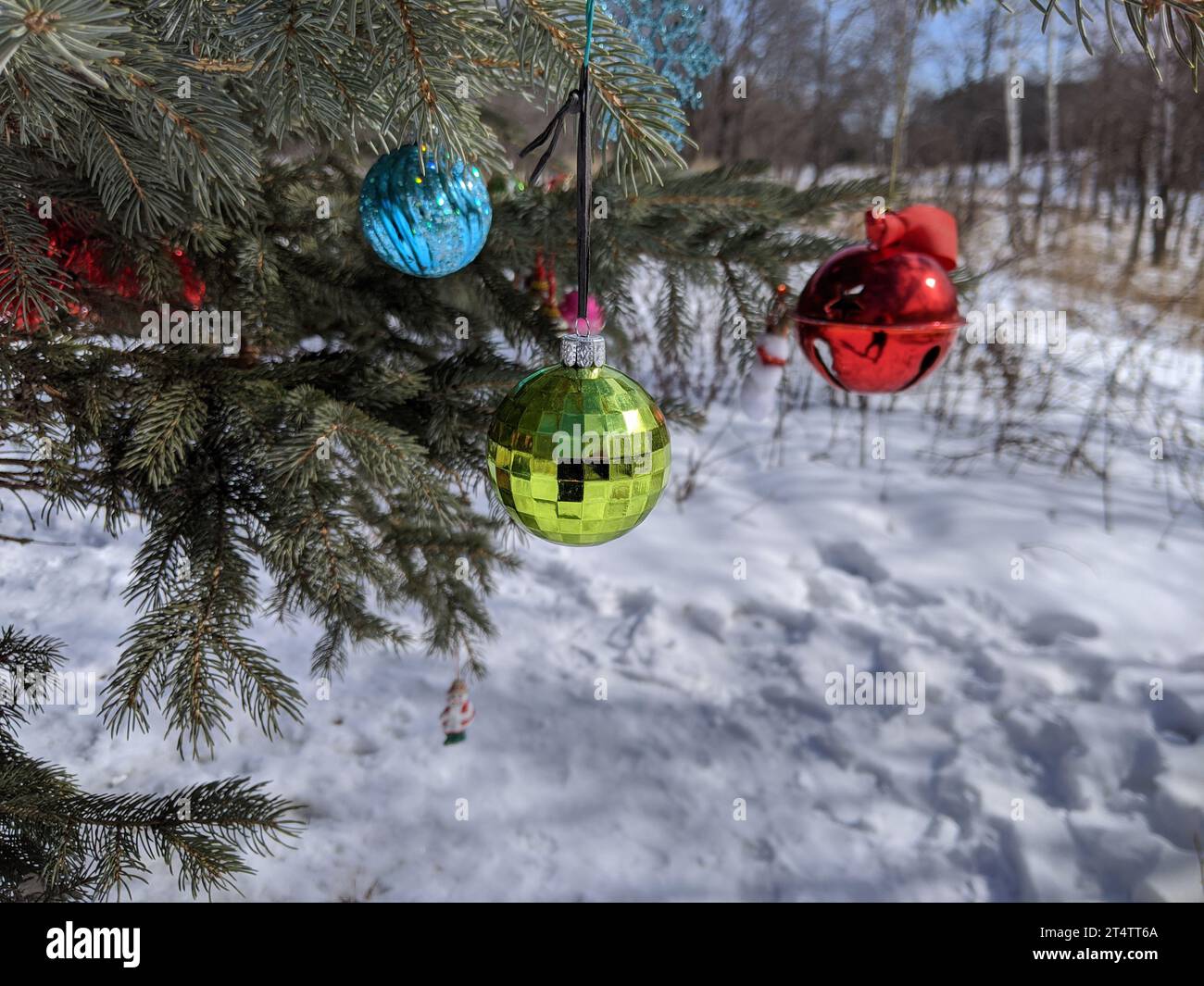 Decorazioni natalizie sull'albero all'aperto Foto Stock