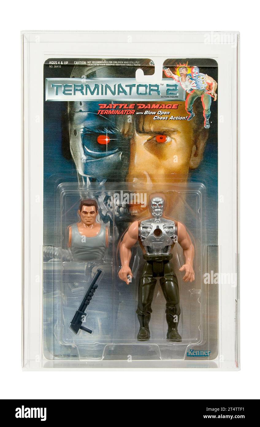 1991 Kenner Terminator 2 serie 1 Battle Damaged Terminator Carded Action Figure AFA 80 Near Mint Condition Foto Stock