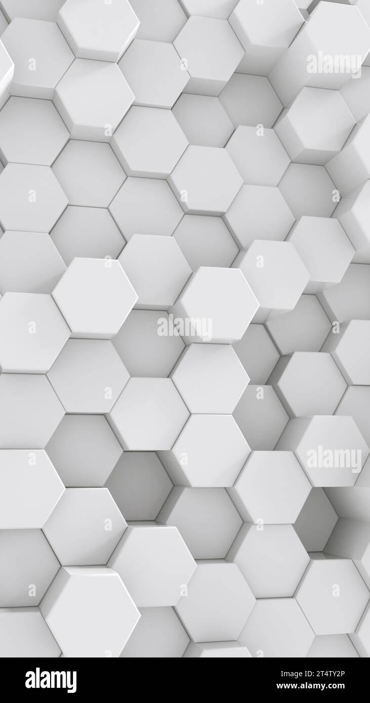 Sfondo esagonale bianco. Sfondo bianco a mosaico astratto a nido d'ape futuristico 3D. Rendering 3D. Foto Stock