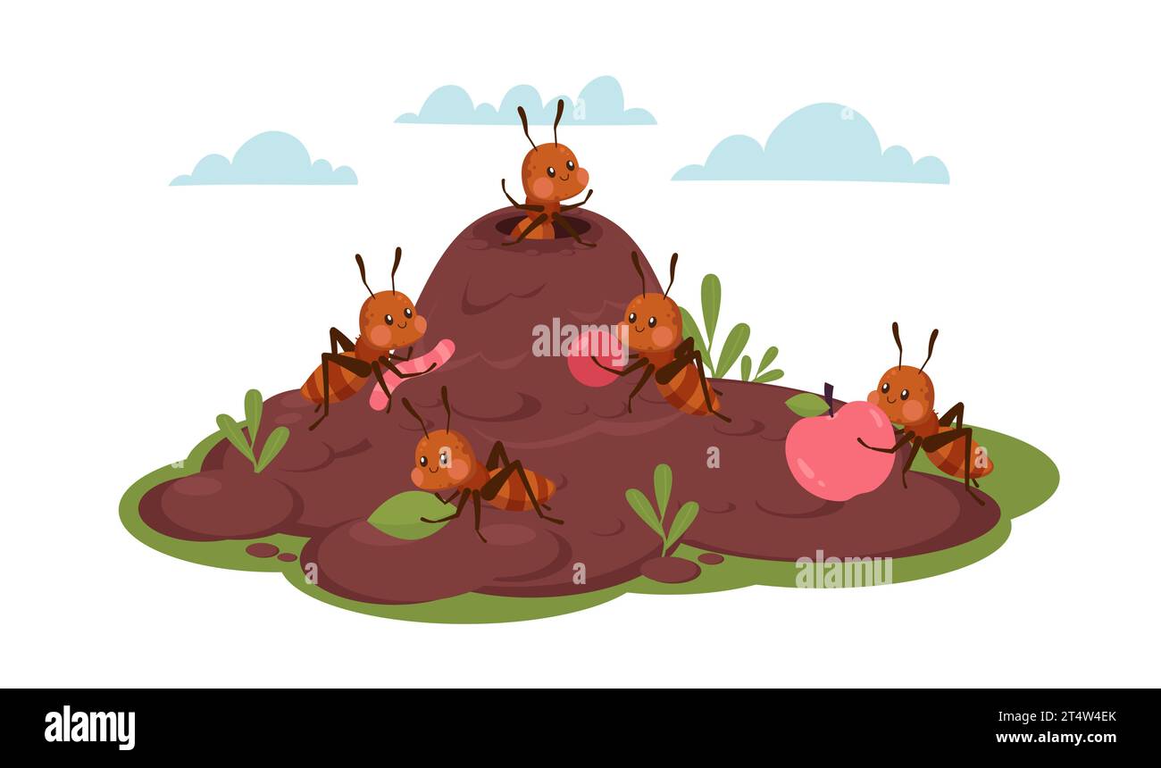 Colonia ANT, le formiche trasportano frutta e insetti. Lavorare insieme, adorabili carini insetti, personaggi della natura. Ambiente boschivo o prato. Stile piatto Cartoon Illustrazione Vettoriale
