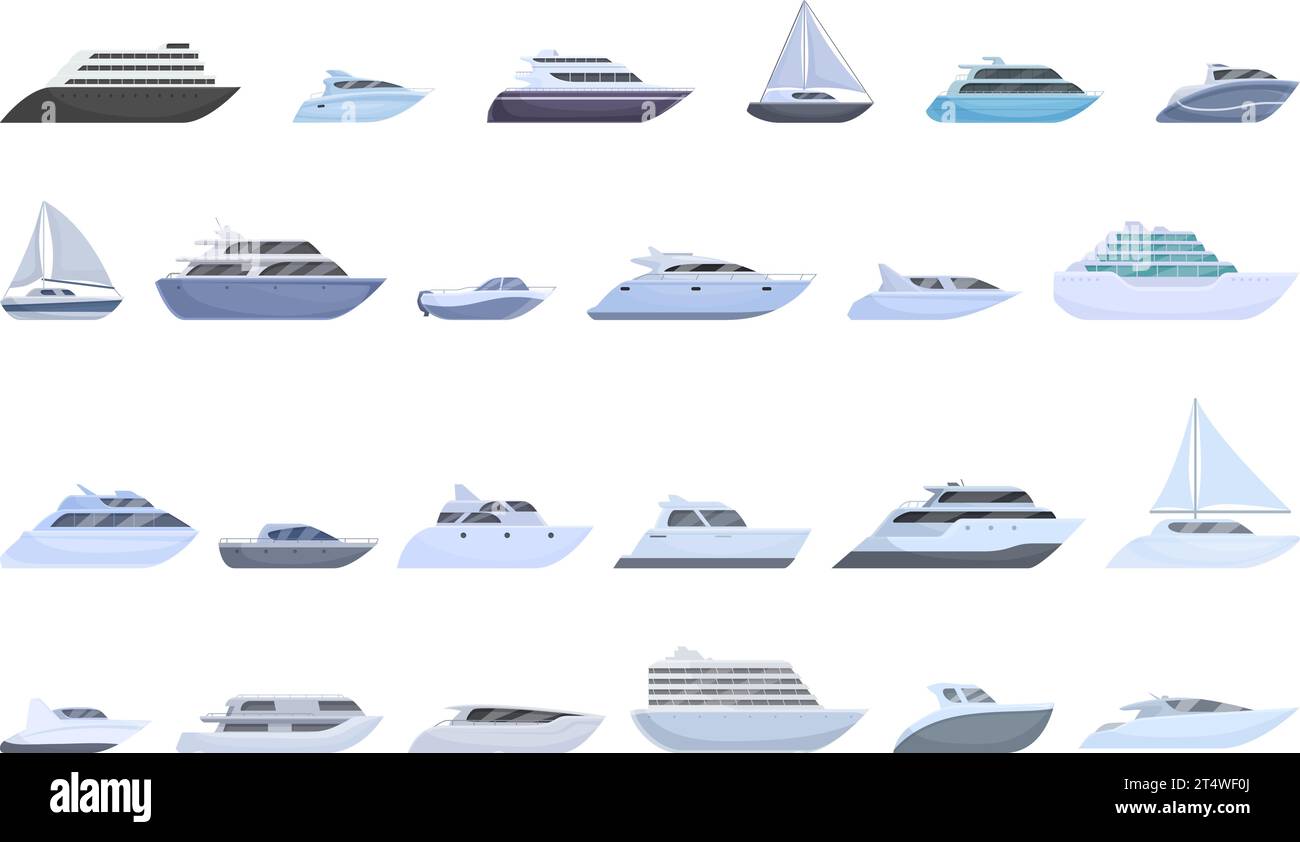 Le icone di un viaggio in barca di lusso impostano il vettoriale dei cartoni animati. Nave da crociera. Vacanze in acqua Illustrazione Vettoriale