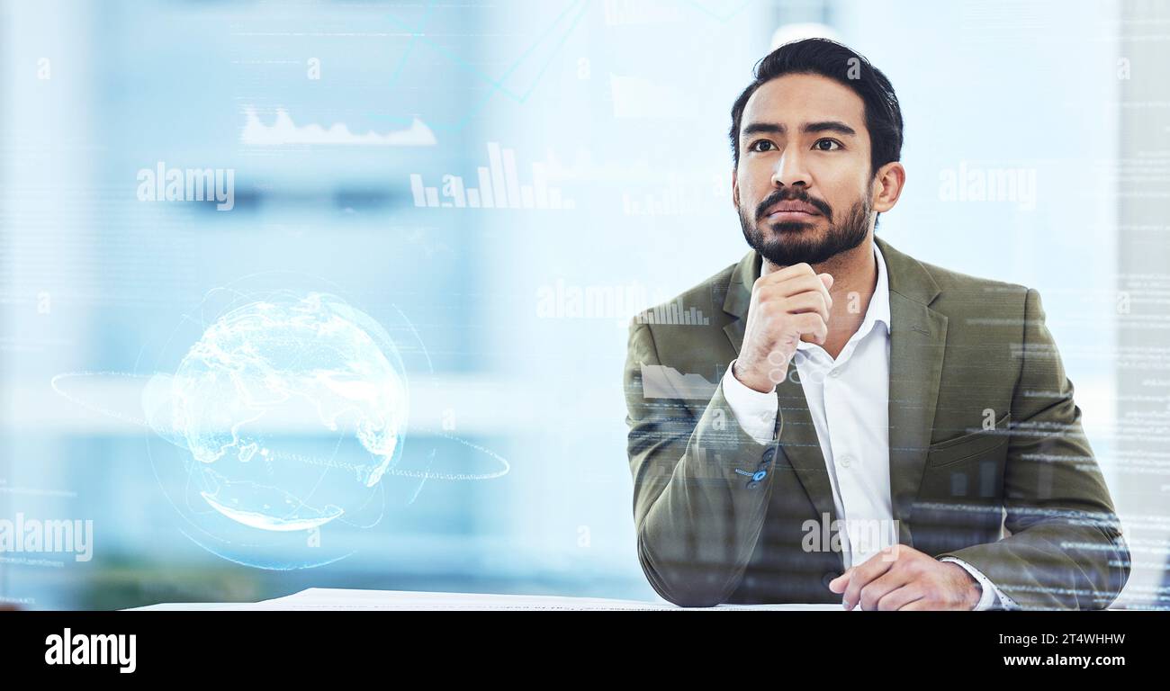 Mondo, pensiero e sovrapposizione con un uomo d'affari che utilizza l'interfaccia ux per l'analisi dei dati globali. Metaversi, ai o ologramma 3d alla ricerca di un database vr Foto Stock