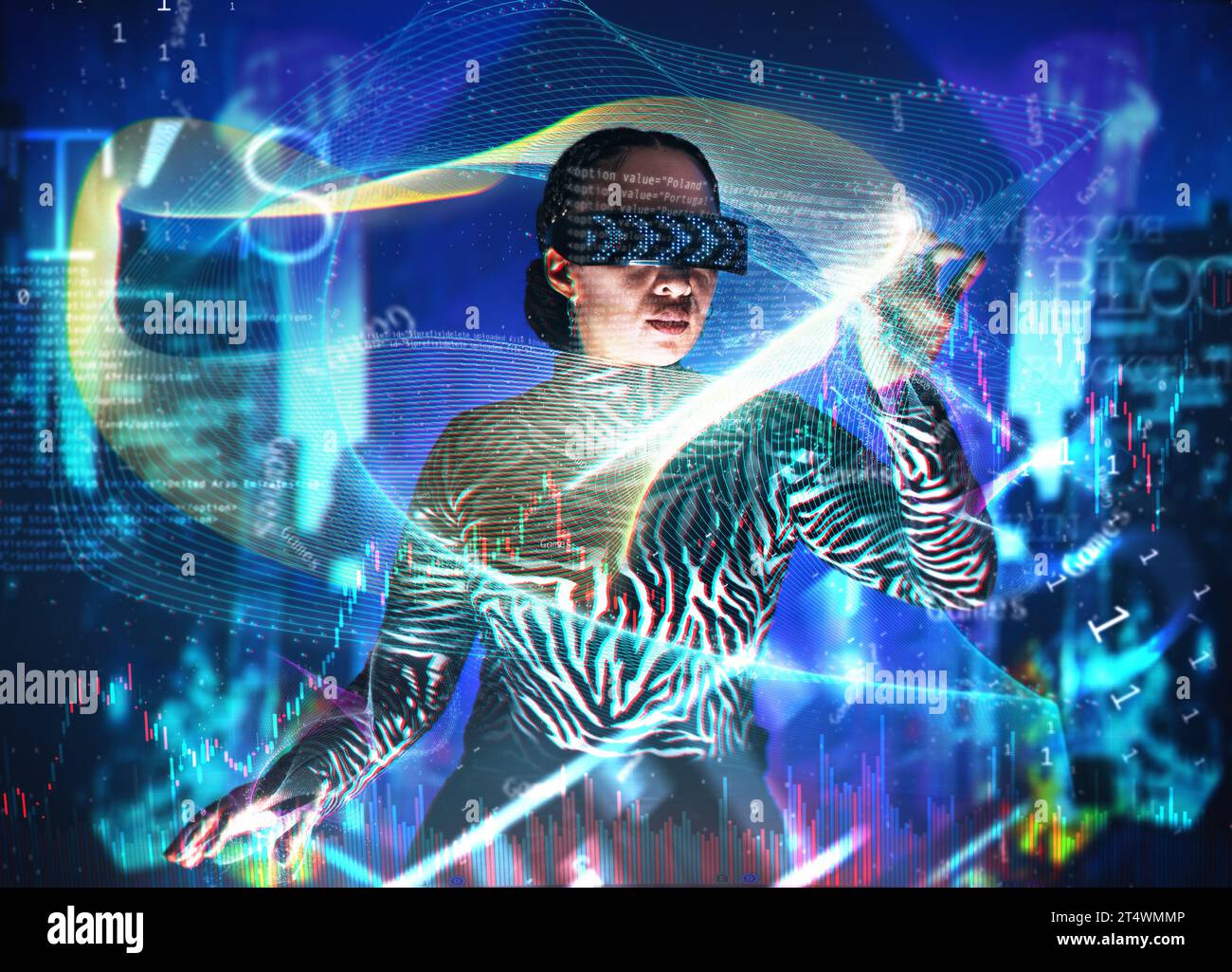 Occhiali metaversi, donna e realtà aumentata con mascherina per cruscotto per la trasformazione digitale. Persona con visore vr ologramma per cyber 3d. Foto Stock