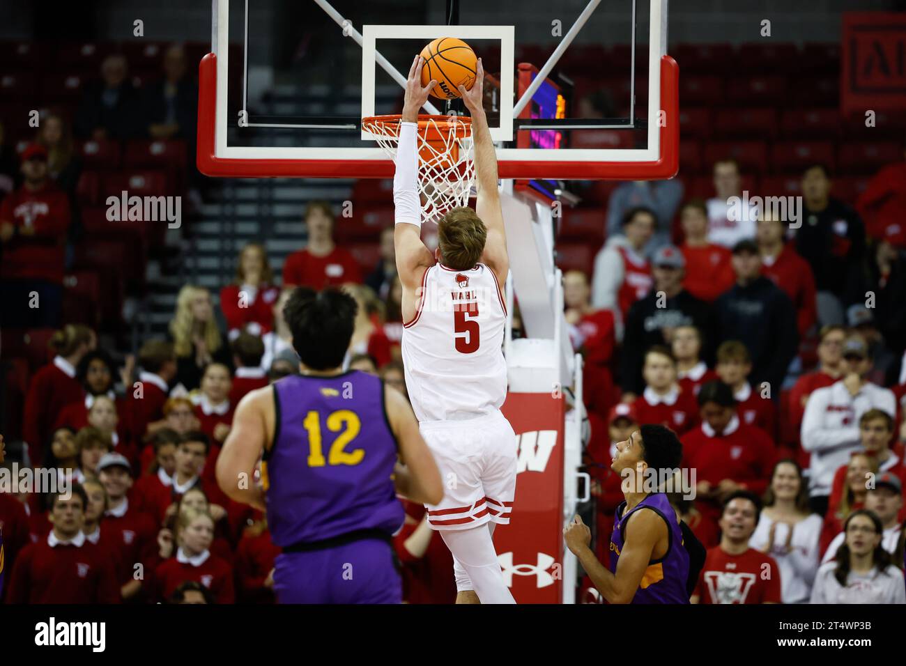 1° novembre 2023: L'attaccante dei Wisconsin Badgers Tyler Wahl (5) sale per una palla durante la partita di pallacanestro NCAA tra i puntatori a punti dell'Università del Wisconsin-Stevens e i Wisconsin Badgers al Kohl Center di Madison, WISCONSIN. Darren Lee/CSM Foto Stock