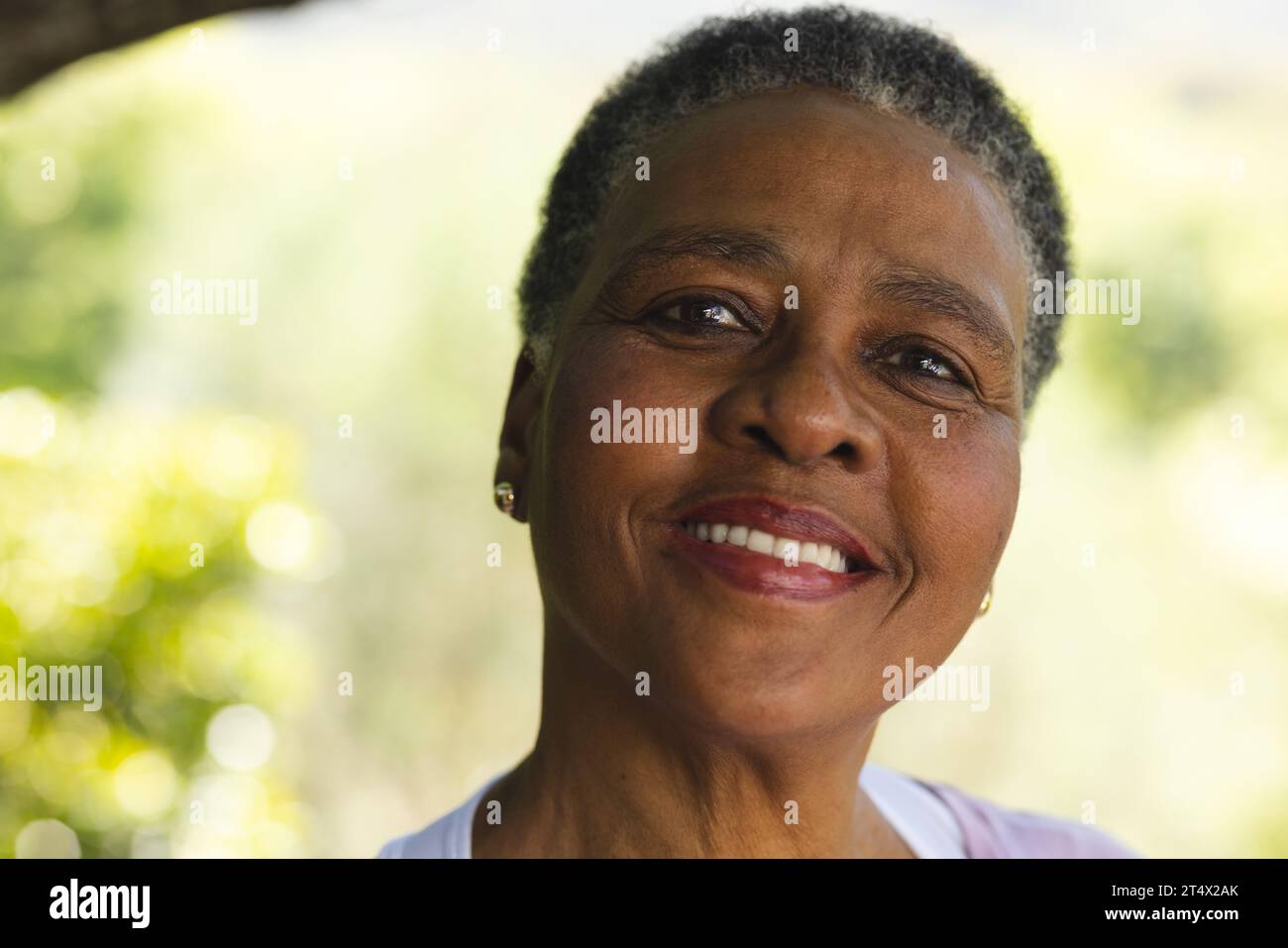 Capo della donna anziana afroamericana felice sorridente nel giardino soleggiato, spazio fotocopie Foto Stock