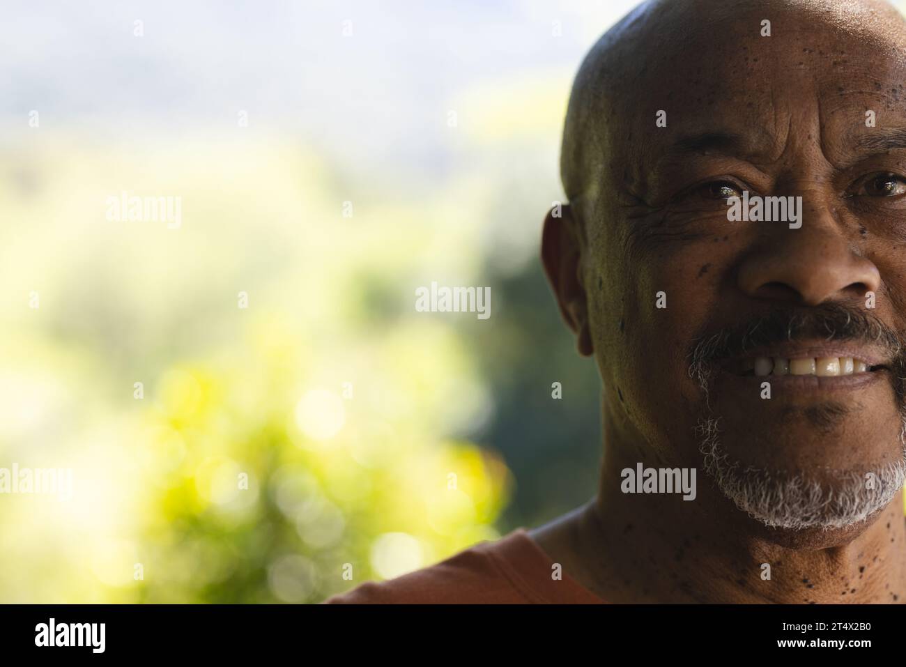 Mezzo volto di un uomo anziano afroamericano felice sorridente in un giardino soleggiato, spazio fotocopie Foto Stock