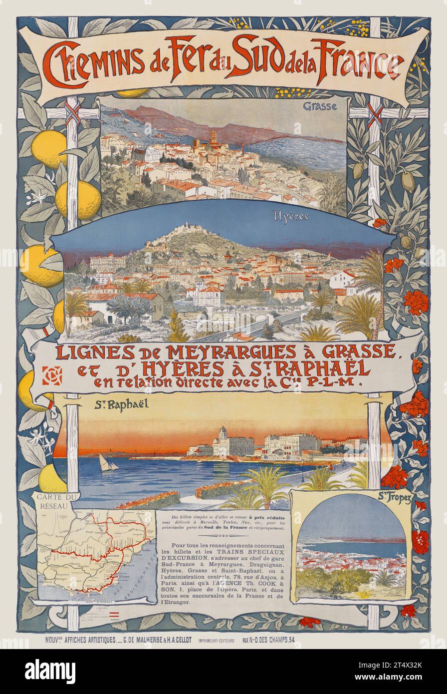 Chemins de fer du Sud de la France. Lignes de Meyrargues à Grasse di Eugène Grasset (1845-1917). Poster pubblicato nel 1891 in Francia. Foto Stock Chemins de fer du Sud de la France. Lignes de Meyrargues à Grasse di Eugène Grasset (1845-1917). Poster pubblicato nel 1891 in Francia. Foto Stock