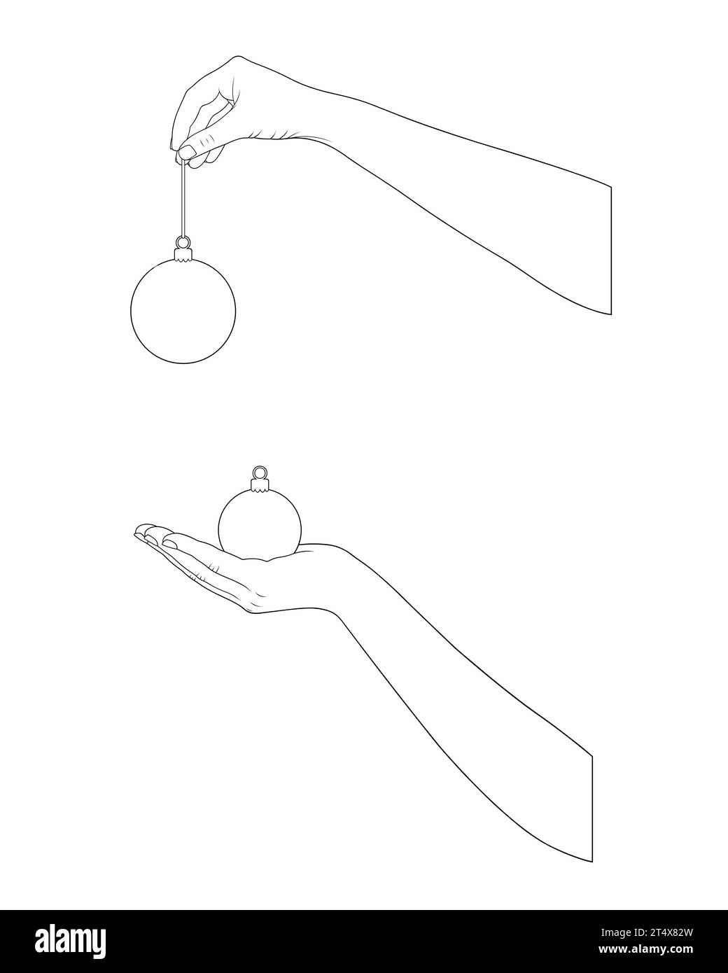 Illustrazione delle mani con ornamenti di palline di Natale isolati su bianco Foto Stock