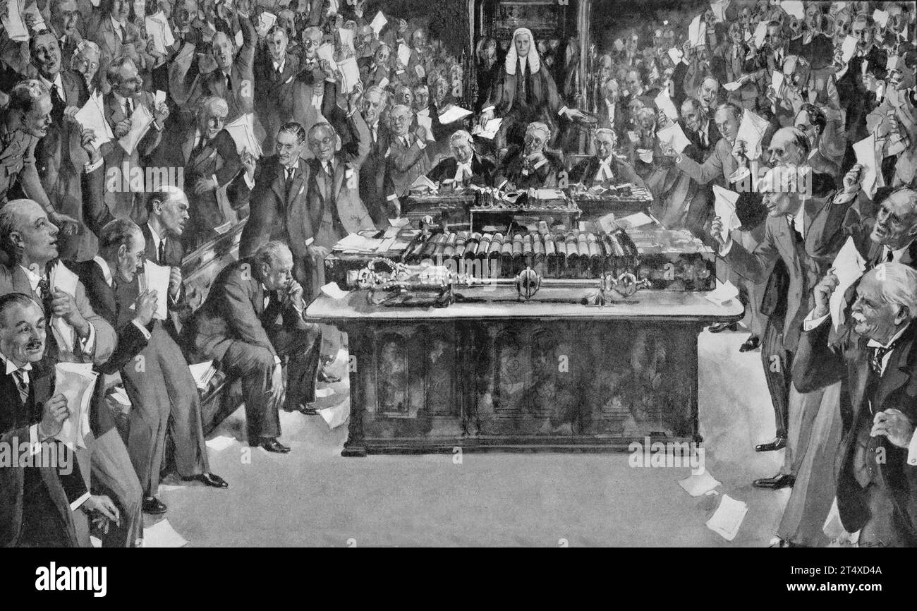 Un'illustrazione di Stephen Spurrier della scena alla camera dei comuni il 4 luglio 1040, quando Winston Churchill spodestò la flotta navale francese per evitare che venisse usata contro la Gran Bretagna. Foto Stock