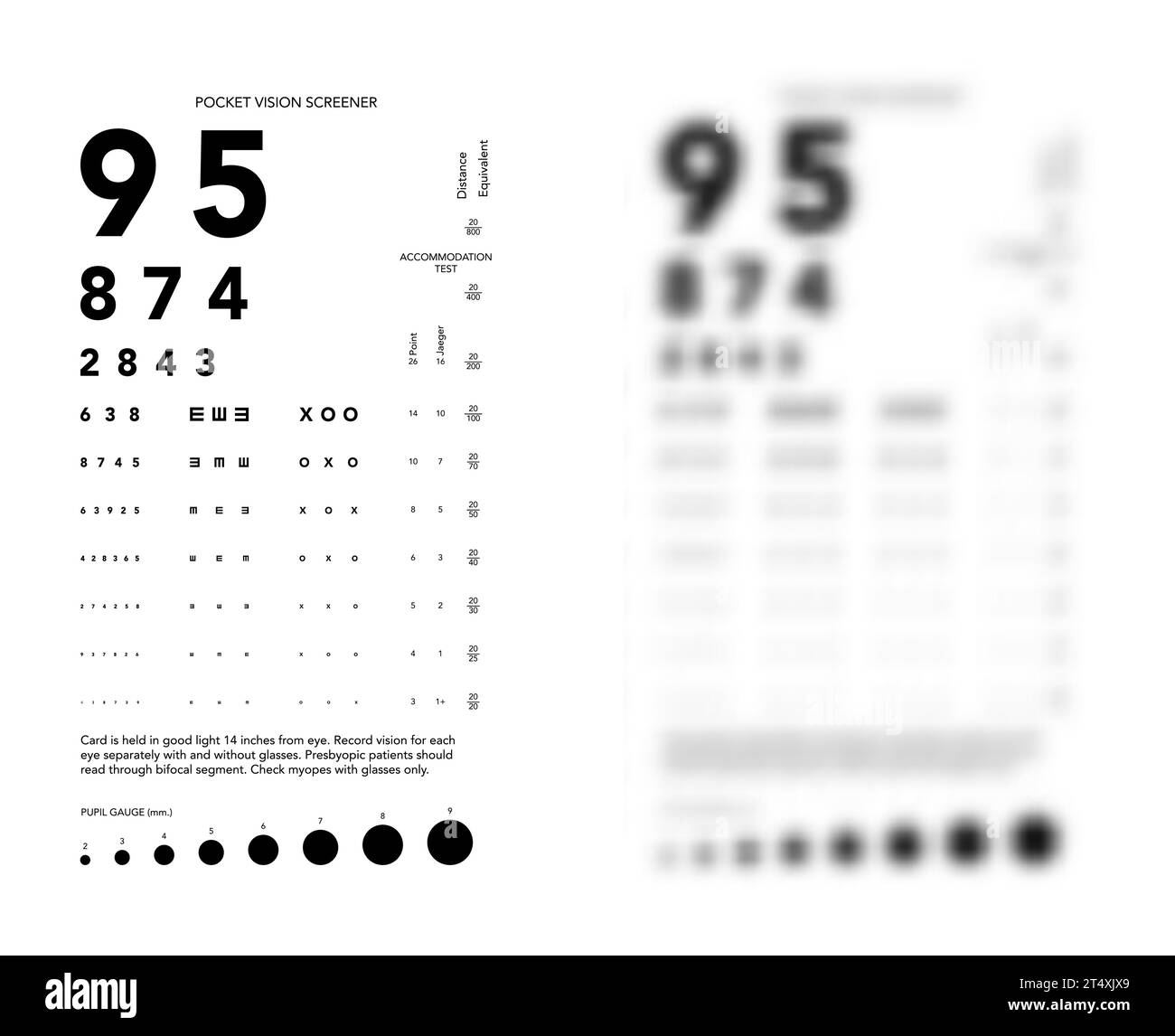 Rosenbaum Pocket Vision Screener Eye test blurred grafico illustrazione medica con numeri. Contorno stile di schizzo vettoriale di linea isolato su sfondo bianco e nero. Pannello di visione oftalmico per esame Illustrazione Vettoriale
