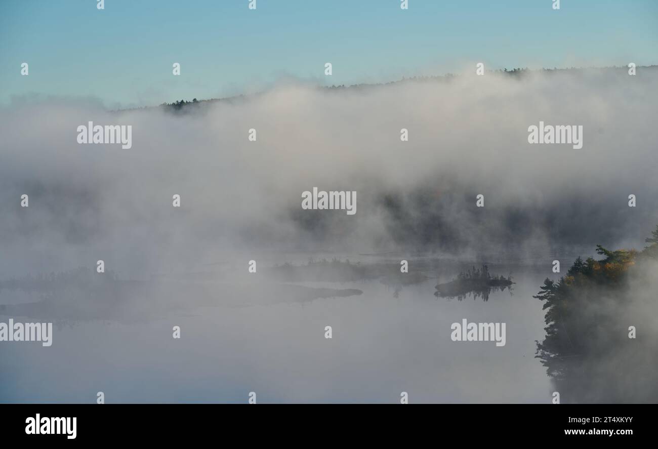 Una nebbia mattinata autunnale al lago Torsey, Maine Foto Stock