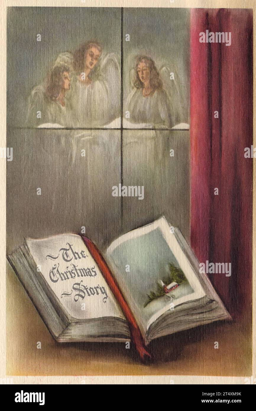 Biglietti natalizi vintage degli anni '1940, la Sacra famiglia, l'arrivo dei Magi, decorazioni, scene invernali Foto Stock