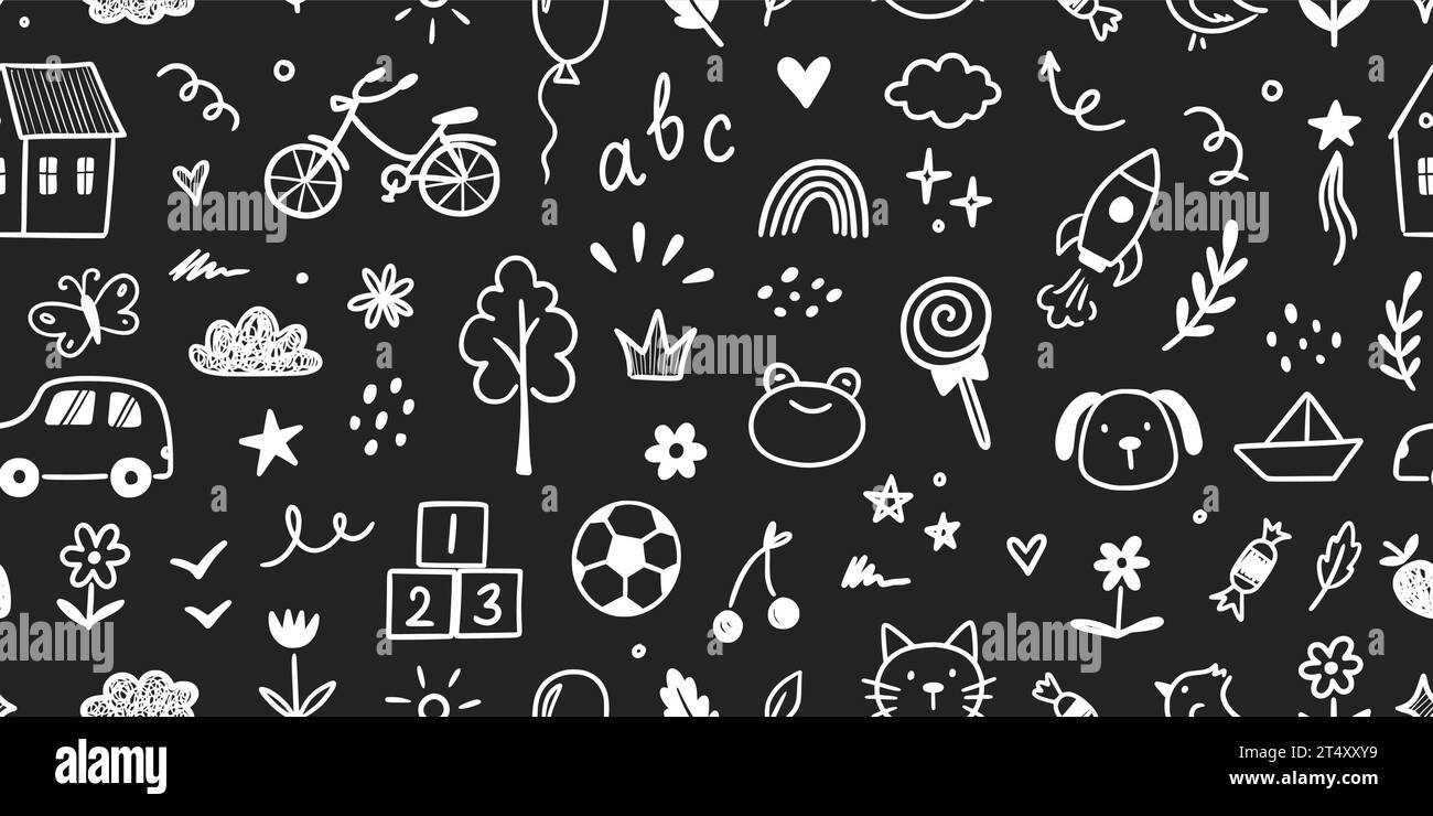 Sfondo lavagna vettoriale Doodle dell'asilo. Cuccioli disegnati a mano per bambini, simpatico motivo senza cuciture, carta da parati asiatica. Formazione semplice per i bambini. Illustrazione vettoriale Illustrazione Vettoriale