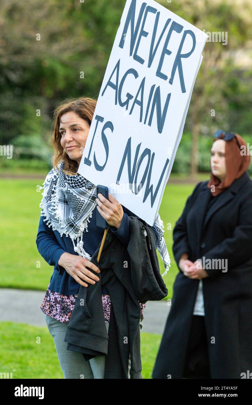 Melbourne, Australia. 2 novembre 2023. Un manifestante tiene un cartello con la scritta "Never Again Is Now" durante una manifestazione a Melbourne. In un sentito raduno a Melbourne in Australia, gli ebrei e i loro alleati si sono riuniti per protestare contro l'azione militare israeliana in corso a Gaza. La devastante perdita di migliaia di vite innocenti ha stimolato la loro richiesta di pace immediata. Con segni e slogan cantanti, hanno lanciato un forte appello per l'intervento internazionale, esortando i leader mondiali a dare priorità alla diplomazia rispetto alla violenza. Credito: SOPA Images Limited/Alamy Live News Foto Stock