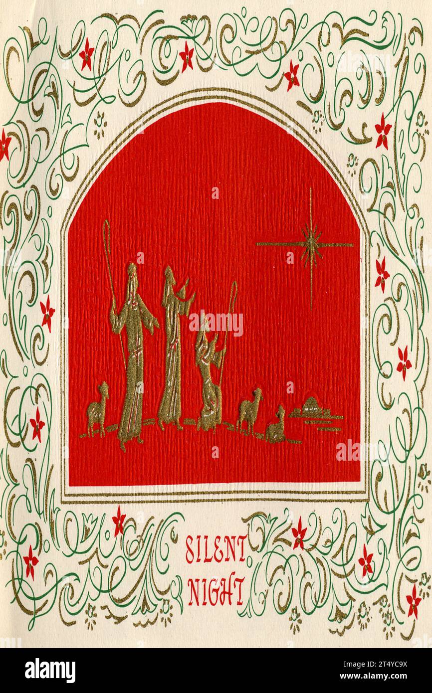 Biglietti natalizi vintage degli anni '1940, la Sacra famiglia, l'arrivo dei Magi, decorazioni, scene invernali Foto Stock
