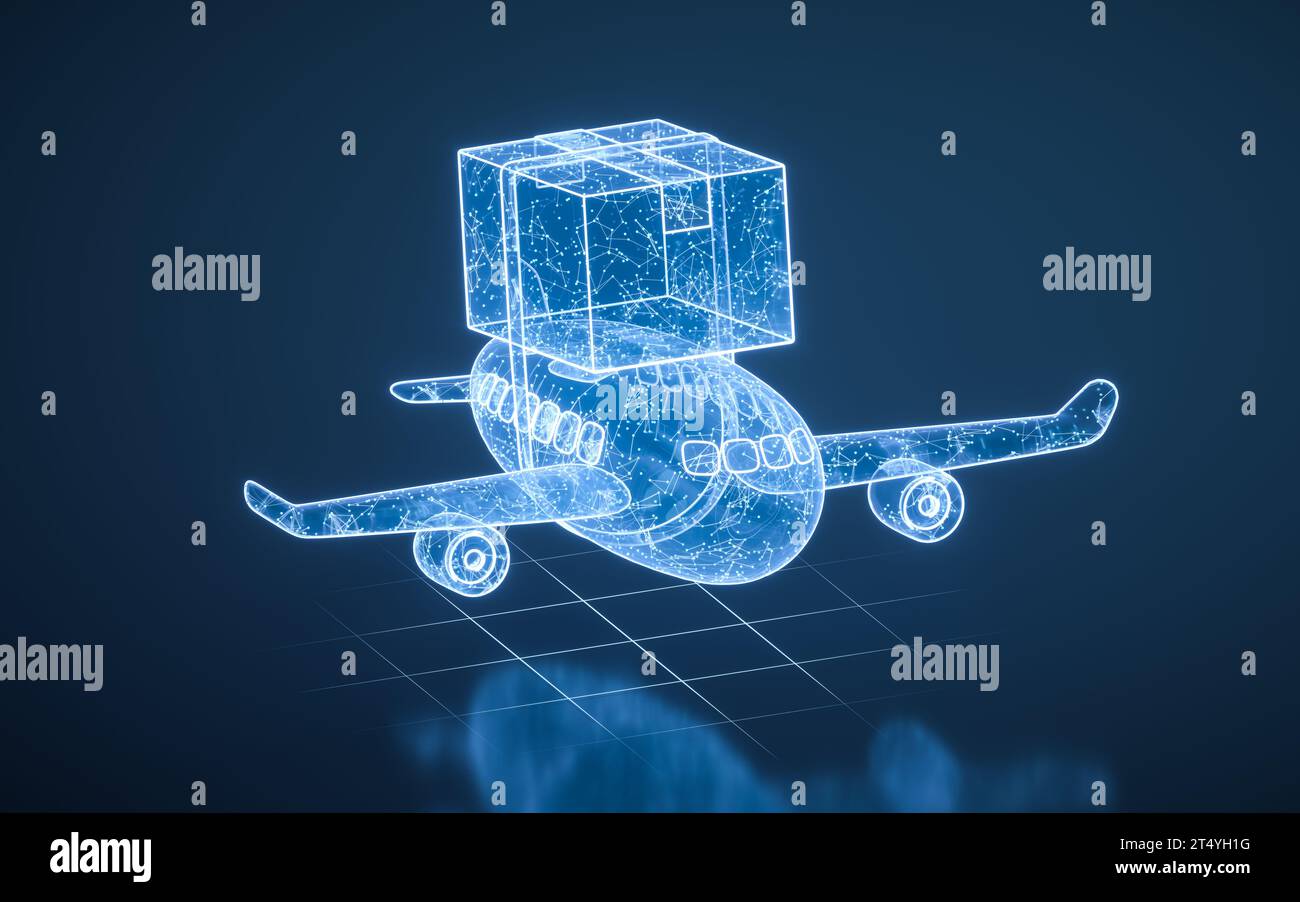 Aereo e carico con struttura a tecnologia blu, rendering 3D. Illustrazione 3D. Foto Stock