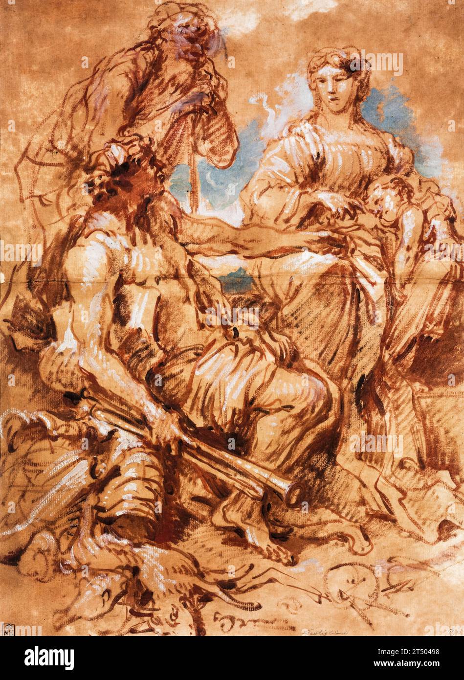 Giovanni Benedetto Castiglione chiamò il Grechetto, Allegoria in onore della coppia regnante di Mantova, pittura ad olio e pennello con inchiostro, 1652-1655 Foto Stock