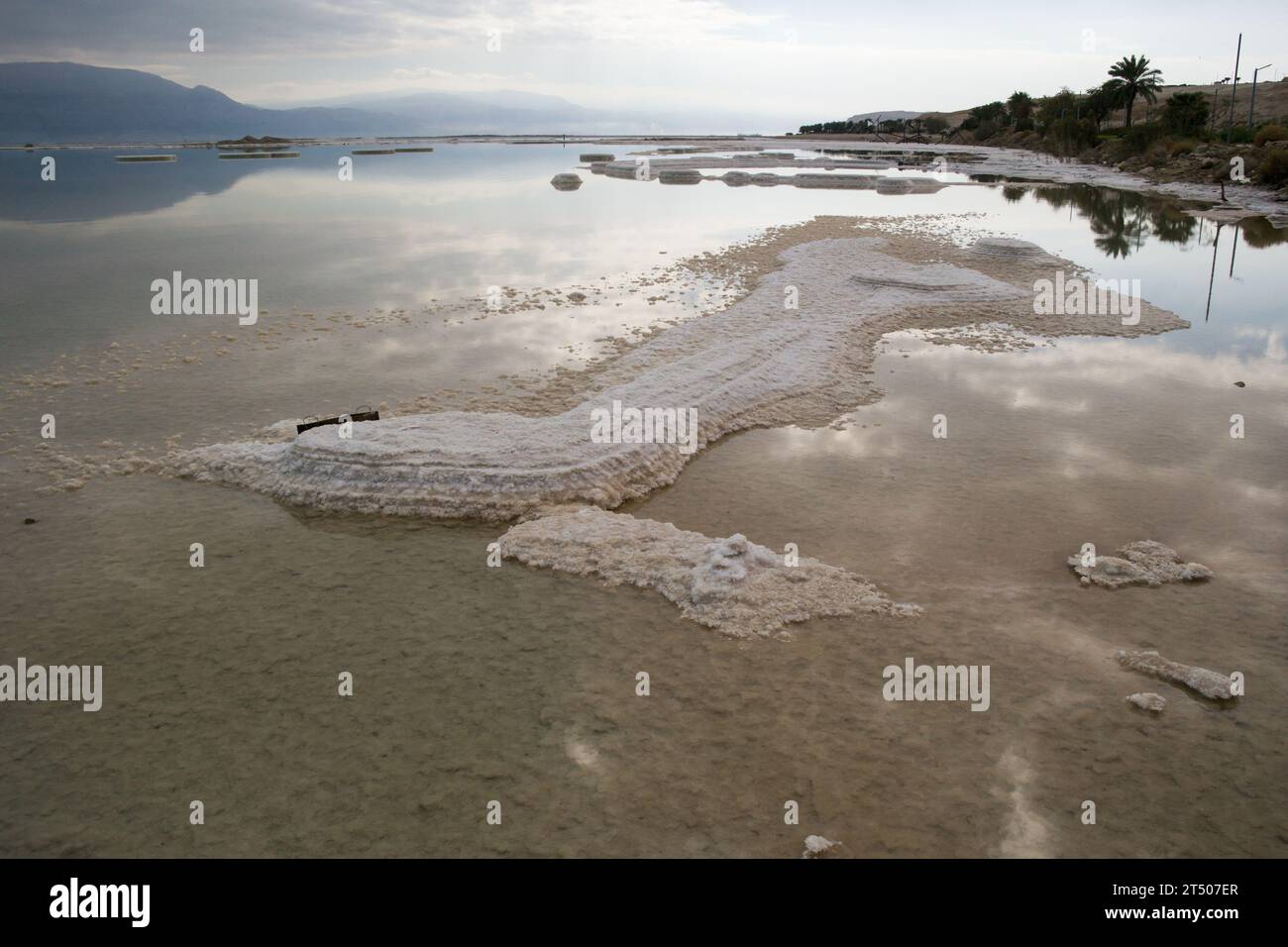 Ammassi di sale naturale sorgono attraverso la superficie del Mar morto visto da Israele, il cielo riflesso Foto Stock