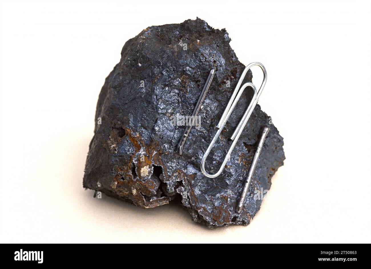 La magnetite è un minerale di ossido di ferro con proprietà magnetiche. Campione che attrae oggetti metallici. Foto Stock