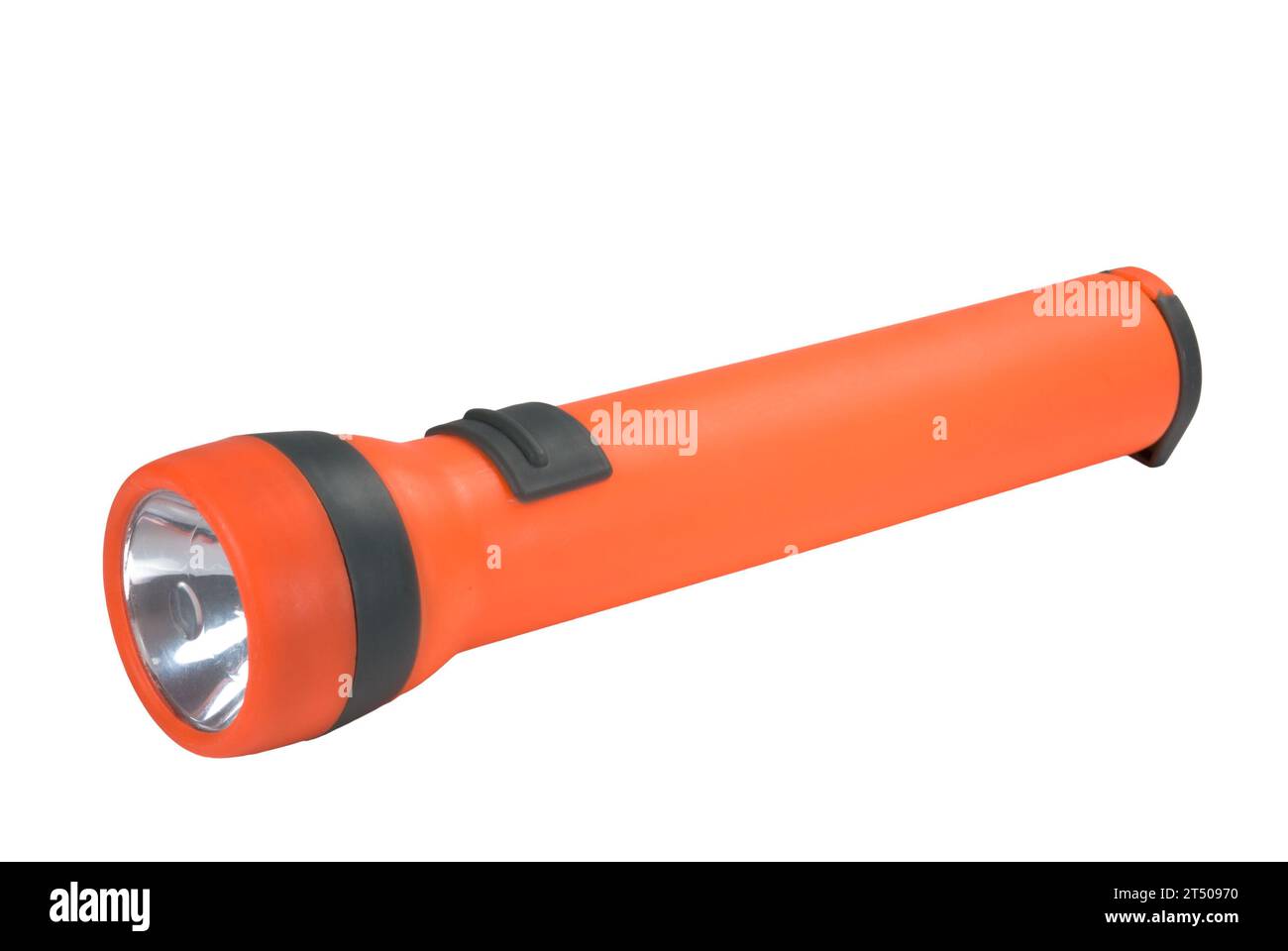 Torcia elettrica a batteria isolata su sfondo bianco Foto Stock