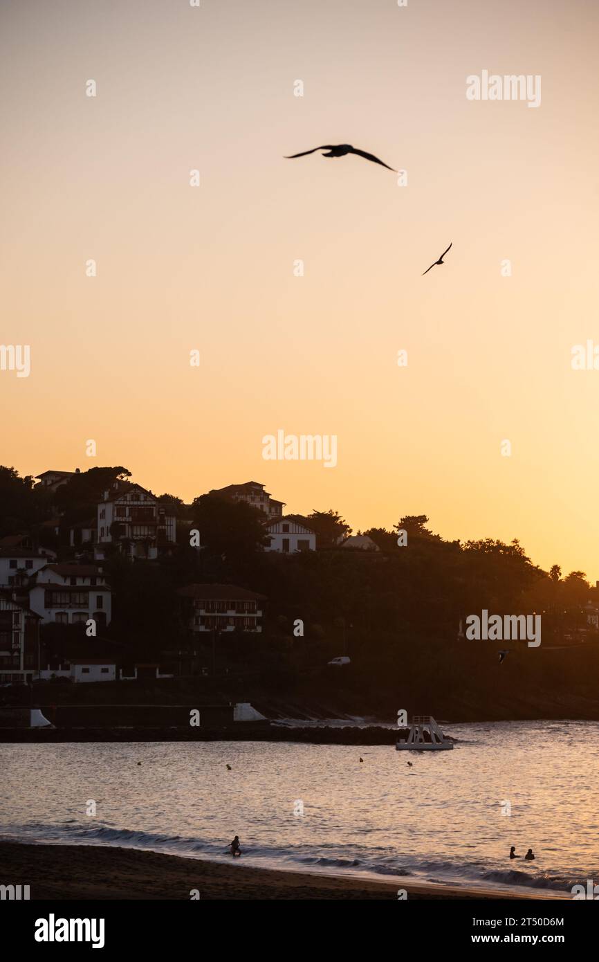 Grande Plage Beach al tramonto a Saint Jean de Luz, città di pescatori alla foce del fiume Nivelle, nel sud-ovest dei Paesi Baschi della Francia Foto Stock