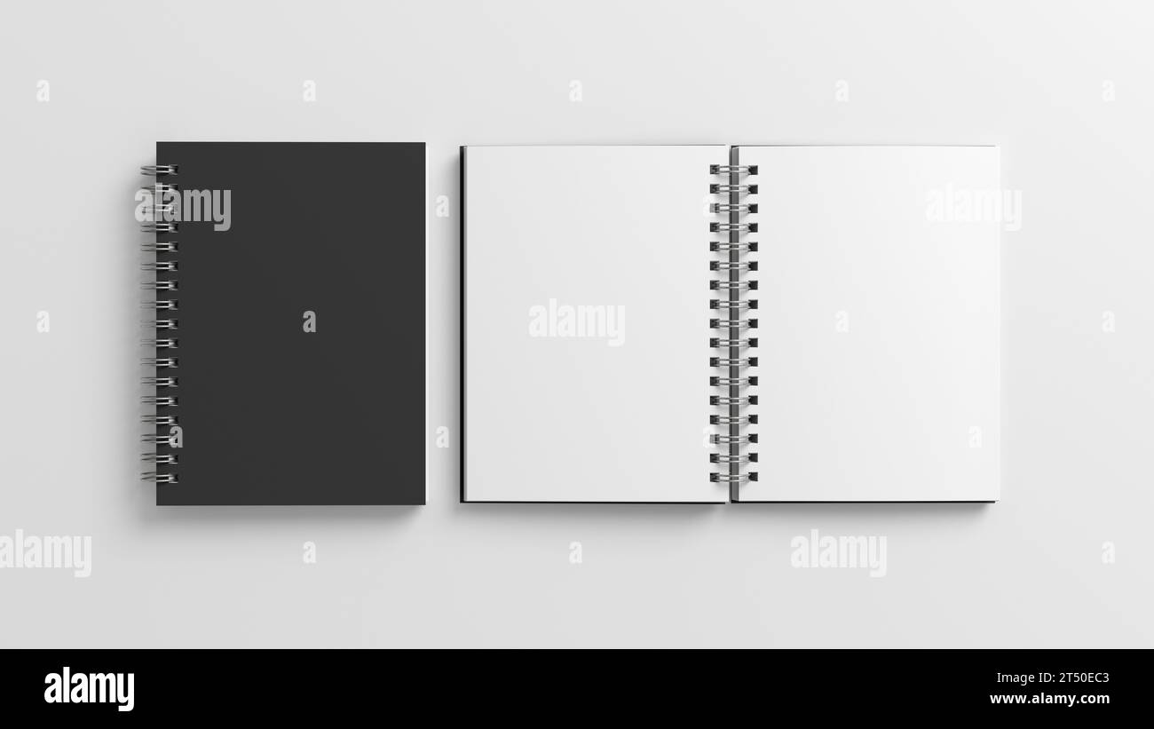 Mockup per notebook. Notebook vuoto chiuso e aperto con coperchio nero. Blocco note a spirale su sfondo bianco. illustrazione 3d. Foto Stock