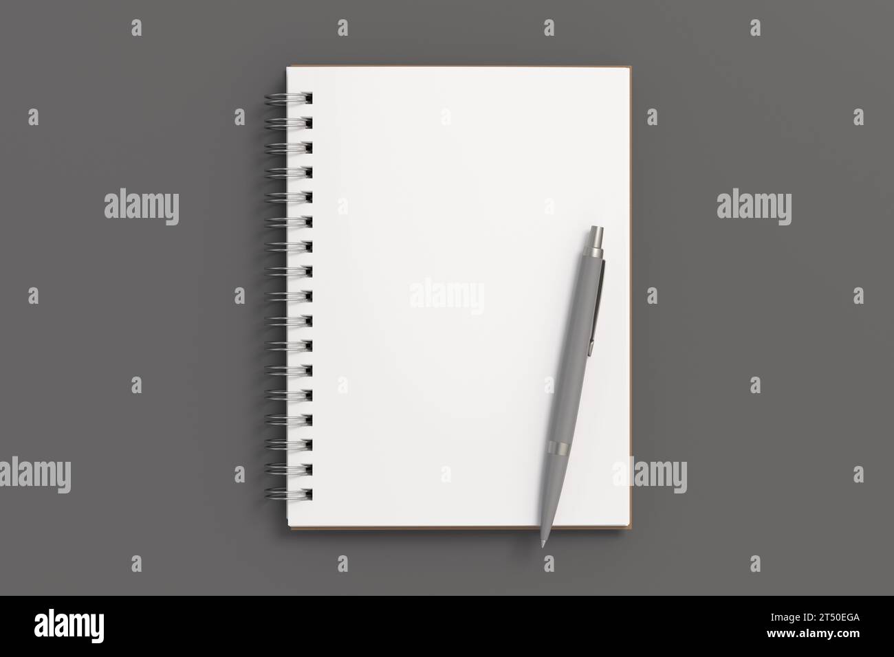 Mockup per notebook. Blocco appunti vuoto e penna aperti. Blocco note a spirale su sfondo grigio. illustrazione 3d. Foto Stock