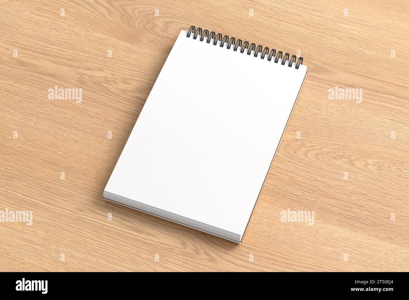Mockup per notebook. Notebook da lavoro vuoto. Blocco note a spirale su sfondo in legno. illustrazione 3d. Foto Stock